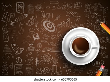 Infograph background template with a fresh coffee on table with infographic design elements and mockups and hand drawn sketches of technology items.