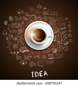 Infograph background template with a fresh coffee on table with infographic design elements and mockups and hand drawn sketches of technology items.