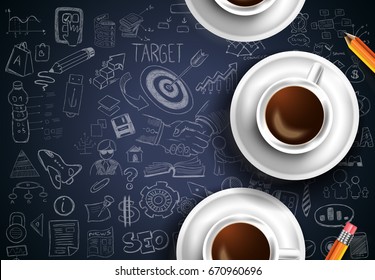 Infograph background template with a fresh coffee on table with infographic design elements and mockups and hand drawn sketches of technology items.