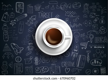 Infograph background template with a fresh coffee on table with infographic design elements and mockups and hand drawn sketches of technology items.
