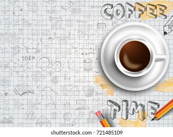 Infograph background template with a fresh coffee on table with infographic design elements and mockups and hand drawn sketches of technology items.