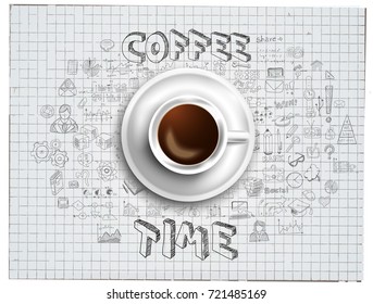 Infograph background template with a fresh coffee on table with infographic design elements and mockups and hand drawn sketches of technology items.