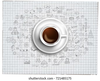 Infograph background template with a fresh coffee on table with infographic design elements and mockups and hand drawn sketches of technology items.