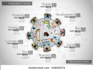 Plantilla de fondo de infografía con una tabla de lluvia de ideas temporal con elementos de diseño infográfico y maquetas y bocetos dibujados a mano de elementos tecnológicos.