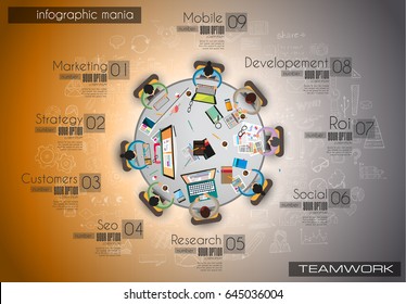 Infograph background template with a temworking brainstorming table with infographic design elements and mockups and hand drawn sketches of technology items.