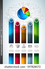 Infograph Brochure template with a lot of choices and a lot of infographic design elements and mockups. Teamwork ideas, branstorming sessions and generic business plan presentationsl.