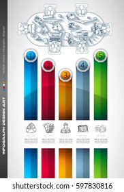 Infograph Brochure template with a lot of choices and a lot of infographic design elements and mockups. Teamwork ideas, branstorming sessions and generic business plan presentationsl.