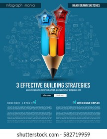 Infograph Broschüre Vorlage mit handgezeichneten Skizzen und vielen Infografik-Design-Elementen und -Mockups. Ideal für Teamwork-Ideen, verzweigte Sitzungen und generische Businessplan-Präsentationen.