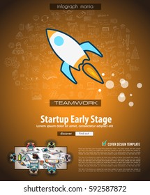 Infograph Broschüre Vorlage mit handgezeichneten Skizzen und vielen Infografik-Design-Elementen und -Mockups. Ideal für Teamwork-Ideen, verzweigte Sitzungen und generische Businessplan-Präsentationen.