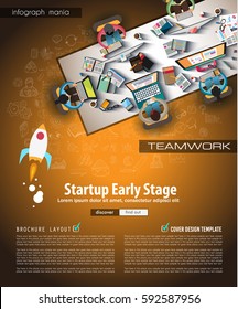 Infograph Brochure template with hand drawn sketches and a lot of infographic design elements and mockups. Ideal forTeamwork ideas, branstorming sessions and generic business plan presentationsl.