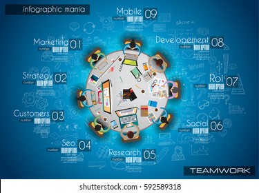 Infograph Brochure template with hand drawn sketches and a lot of infographic design elements and mockups. Ideal forTeamwork ideas, branstorming sessions and generic business plan presentationsl.