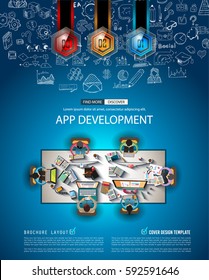 Plantilla de Folleto de Infografía con bocetos dibujados a mano y muchos elementos de diseño infográfico y maquetas. Ideal para ideas de trabajo en equipo, sesiones de creación de marca y presentaciones genéricas de planes de negocios.