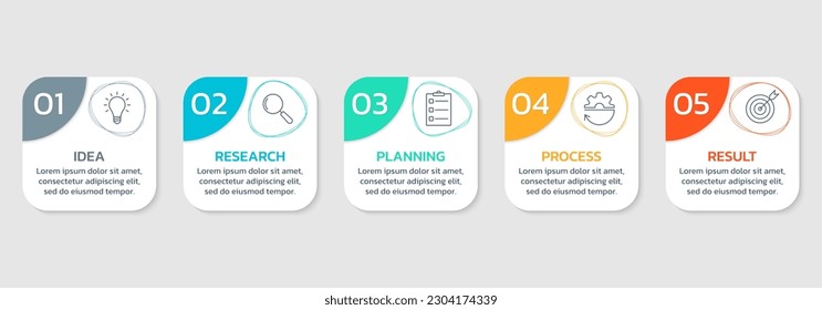 Diseño del elemento Infograph. infografía de 5 pasos con iconos de negocios. Presentación moderna, diagrama de procesos, plantilla de banner de línea de tiempo. Ilustración vectorial. 