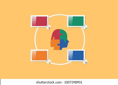 Infograph of silhouette of woman's head composed of puzzle pieces and color PC monitor screens around her ready for your text.