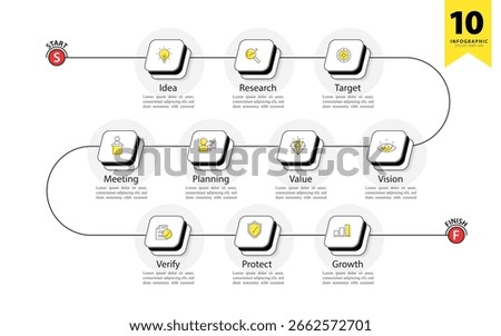 Infographic 10 step timeline journey, calendar Flat simple infographics design template. presentation graph. Business concept with 10 options, number vector illustration.