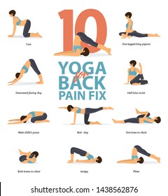 Infografía de 10 poses de yoga para aliviar el dolor de espalda en diseño plano. La mujer de la belleza está haciendo ejercicio por la fuerza trasera.Conjunto de posturas de yoga figuras femeninas Infografía . Ilustración vectorial.