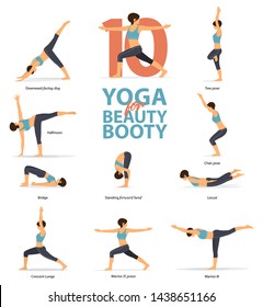 Infographic of 10 Yoga poses for Beauty booty in flat design. Beauty woman is doing exercise for booty blaster. Set of yoga postures female figures Infographic . Vector Illustration.