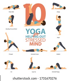 Infographic of 10 Yoga poses for Yoga at home in concept of helping out stressed mind in flat design. Woman exercising for body stretching. Set of yoga posture or asana infographic. Character Vector.