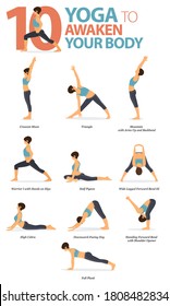 Infografía 10 Yoga posa para entrenamiento en el concepto de despertar tu cuerpo en diseño plano. Mujeres haciendo ejercicio para estirarse el cuerpo. Postura de yoga, asana para infografía de fitness. Ilustración de vectores de caricatura plana