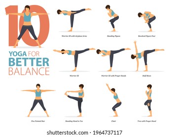 Infographic 10 Yoga poses for workout at home in concept of Better Balance in flat design. Women exercising for body stretching. Yoga posture or asana for fitness infographic. Flat Cartoon Vector.