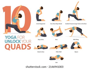 Infographic 10 Yoga poses for workout at home in concept of unlock your quads in flat design. Women exercising for body stretching. Yoga posture or asana for fitness infographic. Flat Cartoon Vector.