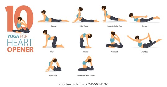 Infographic 10 Yoga poses for workout in concept of heart opener in flat design. Women exercising for body stretching. Yoga posture or asana for fitness infographic. Flat Cartoon Vector Illustration.