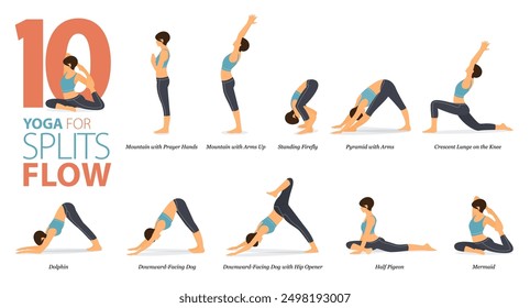 Infografía 10 Yoga posa para el entrenamiento en el concepto de flujo dividido en diseño plano. Mujeres haciendo ejercicio para estirar el cuerpo. Postura de yoga o asana para infografía de fitness. Ilustración vectorial plana de dibujos animados.