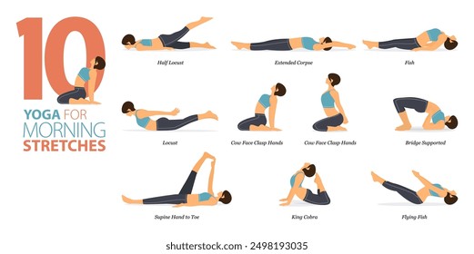 Infografía 10 poses de yoga para el entrenamiento en concepto de estiramientos matutinos en diseño plano. Mujeres haciendo ejercicio para estirar el cuerpo. Postura de yoga o asana para infografía de fitness. Ilustración vectorial plana.