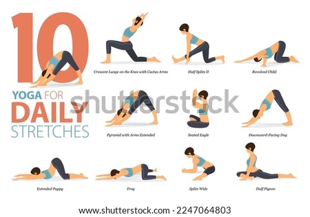 Infographic  10 Yoga poses for workout at home in concept of daily stretches in flat design. Women exercising for body stretching. Yoga posture or asana for fitness infographic. Flat Cartoon Vector.