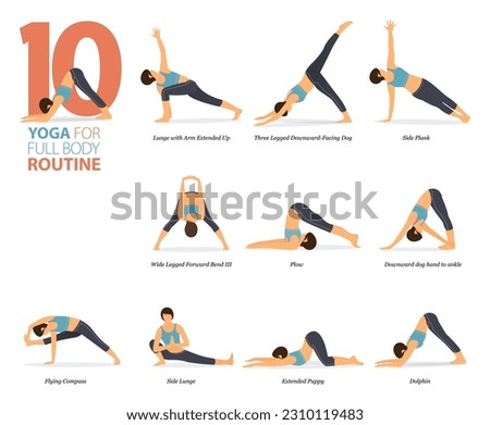 Infographic 10 Yoga poses for workout at home in concept of Full body routine in flat design. Women exercising for body stretching. Yoga posture or asana for fitness infographic. Flat Cartoon Vector.