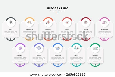 Infographic 11 step timeline journey, calendar Flat simple infographics design template. presentation graph. Business concept with 11 options, number vector illustration.