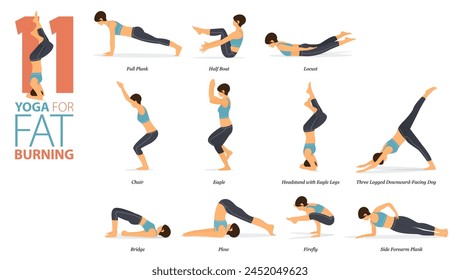 Infografía 11 poses de yoga para entrenar en casa en concepto de quemar grasa en diseño plano. Mujeres haciendo ejercicio para estirar el cuerpo. Postura de yoga o asana para infografía de fitness. Ilustración vectorial de dibujos animados