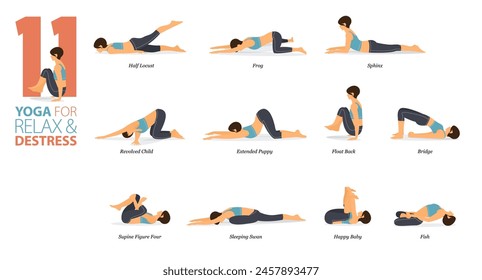 Infografía 11 poses de yoga para entrenar en concepto de relax, estrés en diseño plano. Mujeres haciendo ejercicio para estirar el cuerpo. Postura de yoga, asana para infografía de fitness. Ilustración vectorial plana de dibujos animados