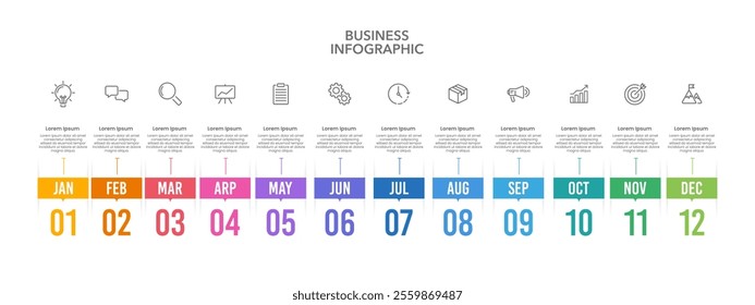 Infographic 12 Month Roadmap to Business Success. Presentation, Timeline, Milestone, Anniversary and Plan. Vector illustration.