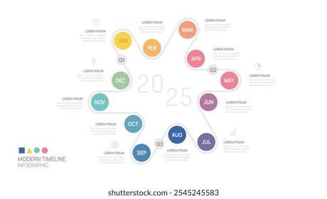 Infográfico 12 etapas de mês círculo de jornada linha do tempo para modelo de sucesso. diagrama de processo de linha. Ilustração vetorial.