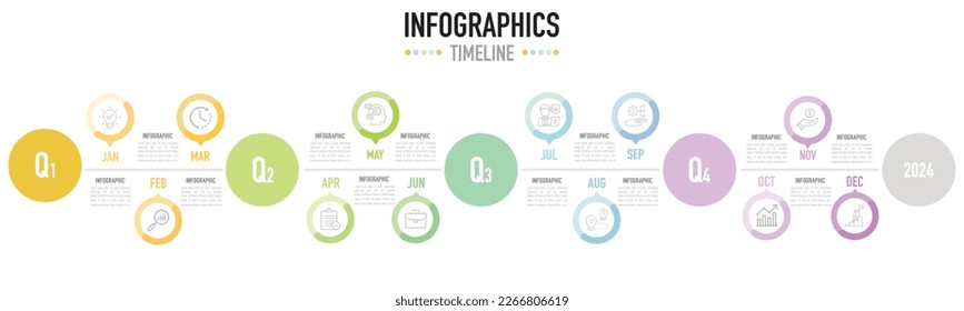 Infografik-Vorlage für 12 Monate als Vektorgrafik mit 4 Vierteln mit bunter Kreisform auf weißem Hintergrund, Symbole, Planung für 2023 bis 2024, einfacher und minimaler Stil, Fortschritt zum Ziel, Business