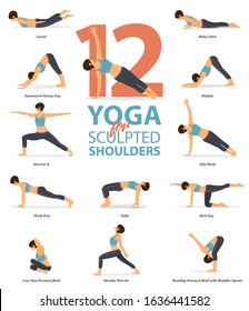 Infographic of 12 Yoga poses for sculpted shoulders in flat design. Beauty woman is doing exercise for body stretching. Set of yoga sequence Infographic.  Cartoon Vector art and Illustration.