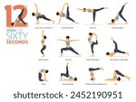Infographic 12 Yoga poses for workout in concept of sixty second in flat design. Women exercising for body stretching. Yoga posture or asana for fitness infographic. Flat Cartoon Vector Illustration.