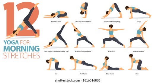 Infographic 12 Yoga poses for workout at home in concept of Morning Stretches in flat design. Women exercising for body stretching. Yoga posture or asana for fitness infographic. Flat Cartoon Vector.