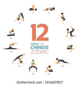 Infographic 12 Yoga poses for workout in concept of Chinese Zodiac in flat design. Women exercising for body stretching. Yoga posture or asana for fitness infographic. Flat Cartoon Vector Illustration