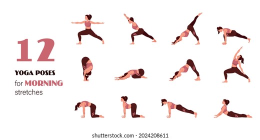 Infographic 12 Yoga poses for workout at home. Morning stretches flat vector illustration. Woman exercising for body stretching. Concept of harmony, yoga posture or asana for fitness infographic.