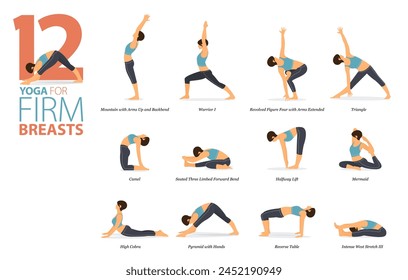 Infographic 12 Yoga poses for workout in concept of firm breasts in flat design. Women exercising for body stretching. Yoga posture or asana for fitness infographic. Flat Cartoon Vector Illustration.