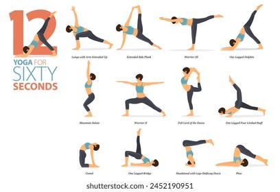 Infografía 12 poses de yoga para entrenamiento en concepto de sesenta segundos en diseño plano. Mujeres haciendo ejercicio para estirar el cuerpo. Postura de yoga o asana para infografía de fitness. Ilustración vectorial plana de dibujos animados.