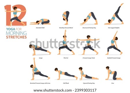 Infographic 12 Yoga poses for workout at home in concept of morning stretches in flat design. Women exercising for body stretching. Yoga posture or asana for fitness infographic. Flat Cartoon Vector.