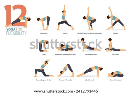 Infographic 12 Yoga poses for workout at home in concept of flexibility in flat design. Women exercising for body stretching. Yoga posture or asana for fitness infographic. Flat Cartoon Vector.