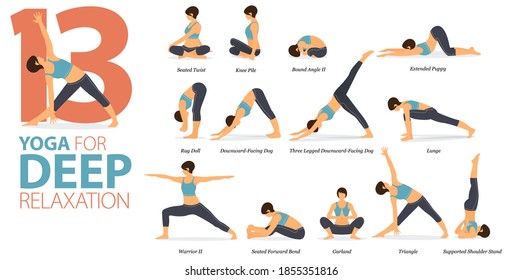 Infografía 13 Yoga supone un entrenamiento en el concepto de Relajación Profunda en el diseño plano. Mujeres haciendo ejercicio para estirarse el cuerpo. Postura de yoga, asana para infografía de fitness. Ilustración de vectores de caricatura plana