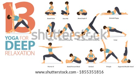 Infographic 13 Yoga poses for workout in concept of Deep Relaxation in flat design. Women exercising for body stretching. Yoga posture, asana for fitness infographic. Flat Cartoon Vector Illustration