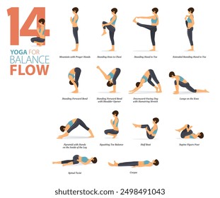 Infographic 14 Yoga poses for workout in concept of balance flow in flat design. Women exercising for body stretching. Yoga posture or asana for fitness infographic. Flat Cartoon Vector Illustration