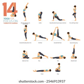 Infografía 14 Yoga posa para hacer ejercicio en casa en concepto de chakra del tercer ojo en diseño plano. Mujeres haciendo ejercicio para estirar el cuerpo. Postura de yoga o asana para infografía de fitness. Vector plano de dibujos animados.