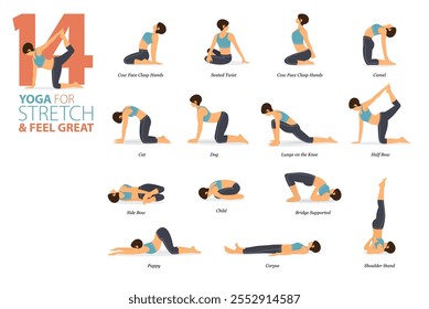 Infografía 14 Yoga posa para hacer ejercicio en casa en concepto de estiramiento en diseño plano. Mujeres haciendo ejercicio para estirar el cuerpo. Postura de yoga o asana para infografía de fitness. Ilustración vectorial plana